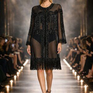 NWT $5K+ ALBERTA FERRETTI MAIN LINE BEADED FRINGED SILK DRESS BLACK SIZE 40